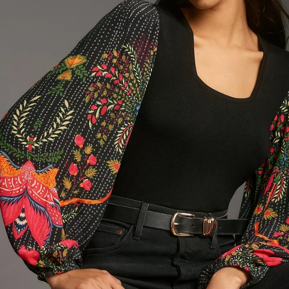 Anthropologie Bl-nk Printed-Sleeve Sweater Top S